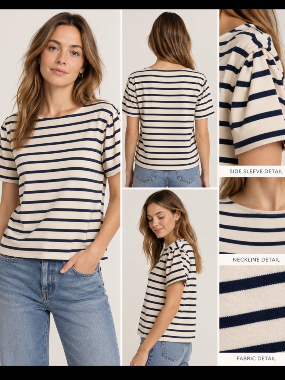 Sézane Striped Ruffle Sleeve Top Cream Navy Breton Shirt Size M